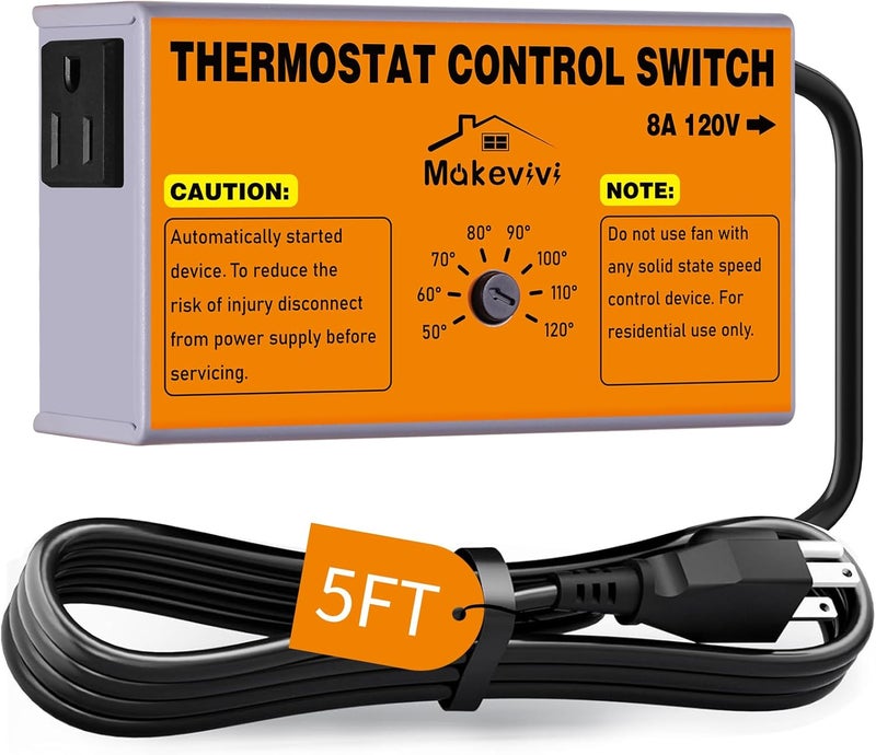 Makevivi Attic Fan Thermostat-Control, Adjustable Thermostat with Overload Protector, Temperature Controlled Attic Fan, with Socket Easy to Install, Exhaust Fan Temperature Controller for Workshop, Greenhouse - Image 1